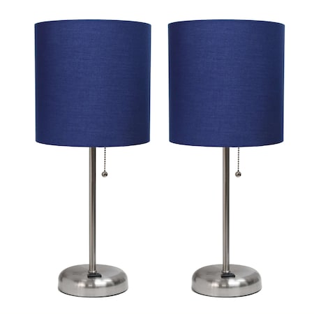 Brushed Steel Stick Lamp With Charging Outlet Set, Navy, PK 2